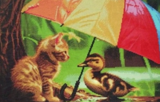 Diamond Painting Katze und Ente unter dem Regenschirm